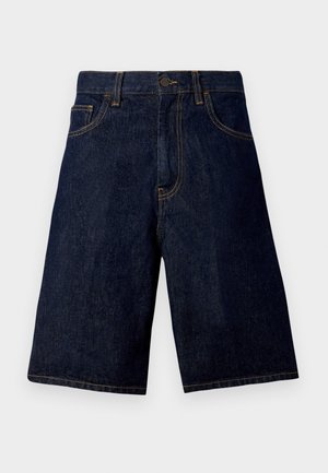 Mørkeblå denim shorts med lige snit, der har et klassisk fem-lomme design og kontrasterende guldtråde.