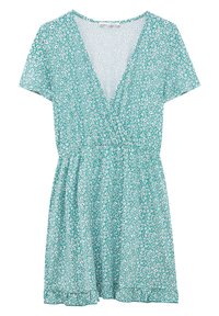 Robe à motifs floraux en teal, avec un décolleté en V profond, des manches courtes, une taille élastiquée et un ourlet volanté. Fabriquée en tissu léger.