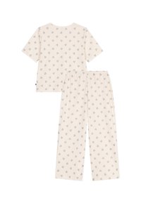 Set di pigiama in beige chiaro composto da una maglietta a maniche corte e pantaloni abbinati, entrambi decorati con piccoli motivi a cuore grigi. Materiale in cotone, vestibilità rilassata.