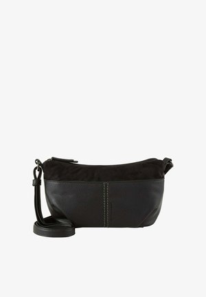 Czarna skórzana torebka na ramię o gładkiej teksturze, z zamkiem błyskawicznym, kontrastowym przeszyciem z przodu oraz regulowanym paskiem.