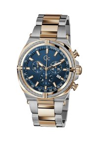 Herren-Armbanduhr aus zwei Farbtönen, Gold und Silber, mit blauer Ziffernblatt, drei Nebenzifferblättern, Tachymeterskala und Datumsfenster bei 4 Uhr.