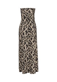 Maxikleid mit einem trägerlosen Design, das einen schwarzen Hintergrund und ein beiges Blattmuster aufweist. Hergestellt aus einem leichten Stoff mit einer glatten Textur.