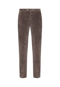 Braune Cord-Hosen mit gerader Passform. Merkmale sind eine vertikale Rippstruktur, ein Knopfverschluss und dezente Seiten Taschen.