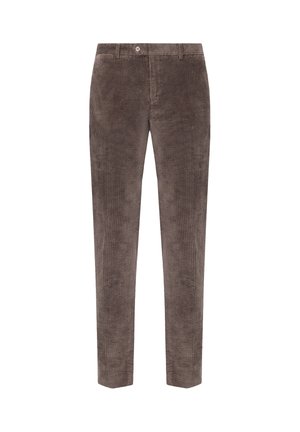 Pantaloni in velluto a coste marroni con design a gamba dritta. Presentano una texture a righe verticali, una chiusura con bottone e tasche laterali discrete.