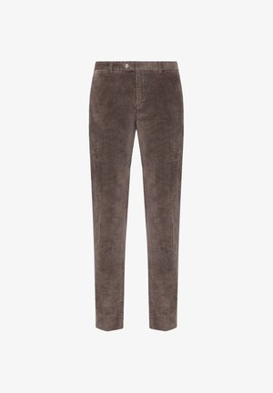 Pantaloni in velluto a coste marroni con design a gamba dritta. Presentano una texture a righe verticali, una chiusura con bottone e tasche laterali discrete.