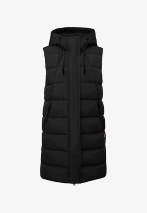 Czarna, bezrękawnikowa kamizelka puchowa z kapturem, z zamek błyskawicznym z przodu i kieszeniami po bokach, charakteryzująca się pikowanym wypełnieniem oraz regulowanymi sznurkami.