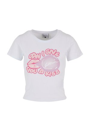 White cotton t-shirt featuring pink graphic text “CAN I GIVE YOU A KISS” with lips and a bubble design. Short sleeves and fitted shape.