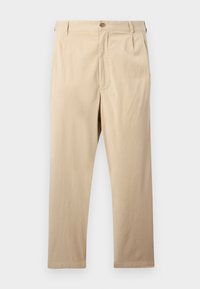 Pantalon beige à jambes droites avec fermeture par bouton et zip, passants pour ceinture et poches latérales, posé à plat sur un fond clair.