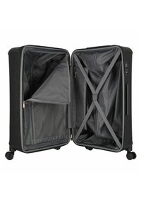 Valigia nera verticale con esterno strutturato, doppio scomparto, cinghie trasversali e tasca a rete. Interno foderato in tessuto grigio. Quattro ruote.