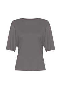Grå T-shirt med korte ærmer lavet af blødt stof med en afslappet pasform, med en rund halsudskæring og uden synlige mønstre eller accenter.