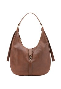 Borsa a spalla in pelle marrone con una forma arrotondata, manico superiore, chiusura con zip e dettagli di cucitura discreti. Texture liscia, hardware minimale.