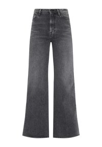 Jean large en denim gris foncé. Doté d'une taille haute, de cinq poches et d'une fermeture par bouton. La texture est lisse avec un minimum de décoloration.
