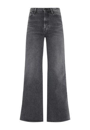 Jeans a gamba larga realizzati in denim grigio scuro. Presentano una vita alta, cinque tasche e una chiusura con bottone. La texture è liscia con una minima scoloritura.