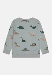Felpa grigia a maniche lunghe con stampe di dinosauri colorate in verde e marrone. Polsini e orlo a coste con una texture liscia.