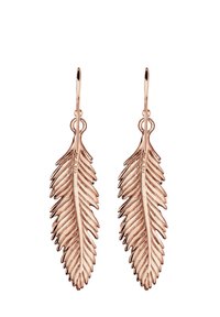 Örhängen i roséguld formade som avlånga blad, med detaljerade spår och en minimalistisk krokdesign för säker användning.