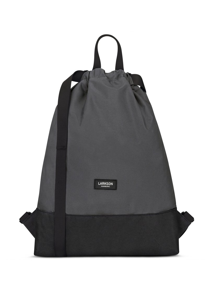 Drawstring backpack in dark gray fabric with a black base, featuring adjustable shoulder straps and a front label with “LARKSON HAMBURG.”