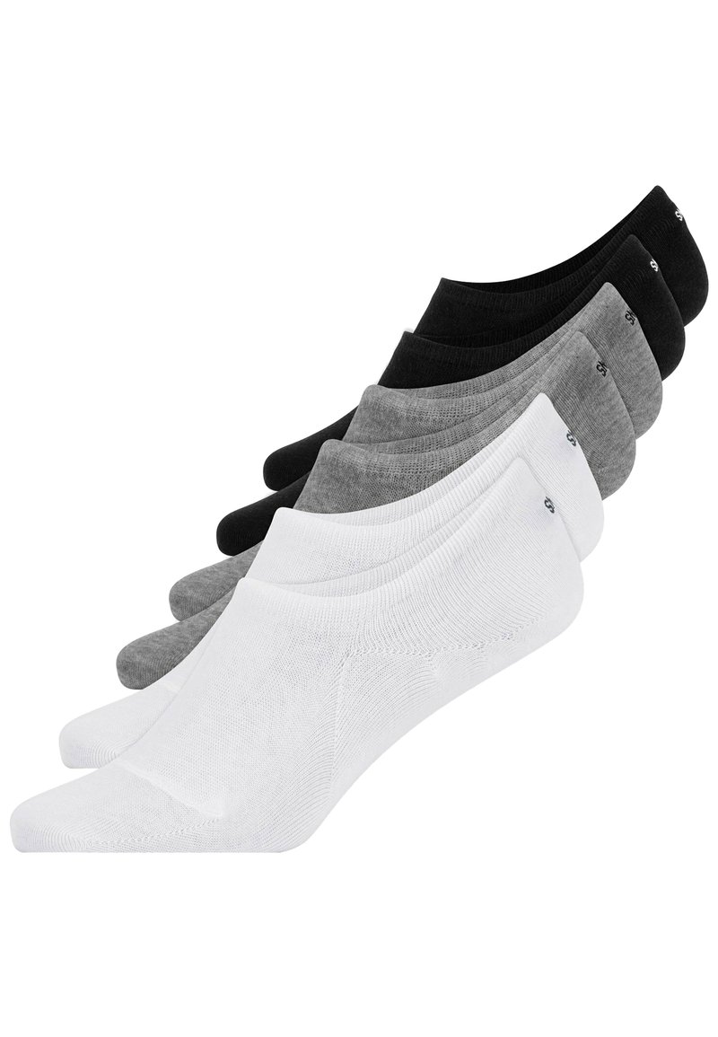 Fünf Paare von Knöchelsocken in Weiß, Grau und Schwarz. Gefertigt aus einer weichen Baumwollmischung mit gerippten Bündchen und einer glatten Textur.