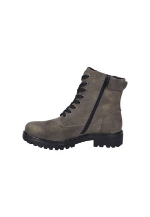 Gray leather ankle boot with a round toe, lace-up front, side zipper, and rugged black sole. Features stitching accents and a padded collar.