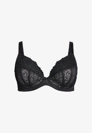 Soutien-gorge en dentelle noire avec armatures et bords festonnés, présentant un motif floral et des bretelles réglables. Base en tissu lisse avec un bel overlay en dentelle.