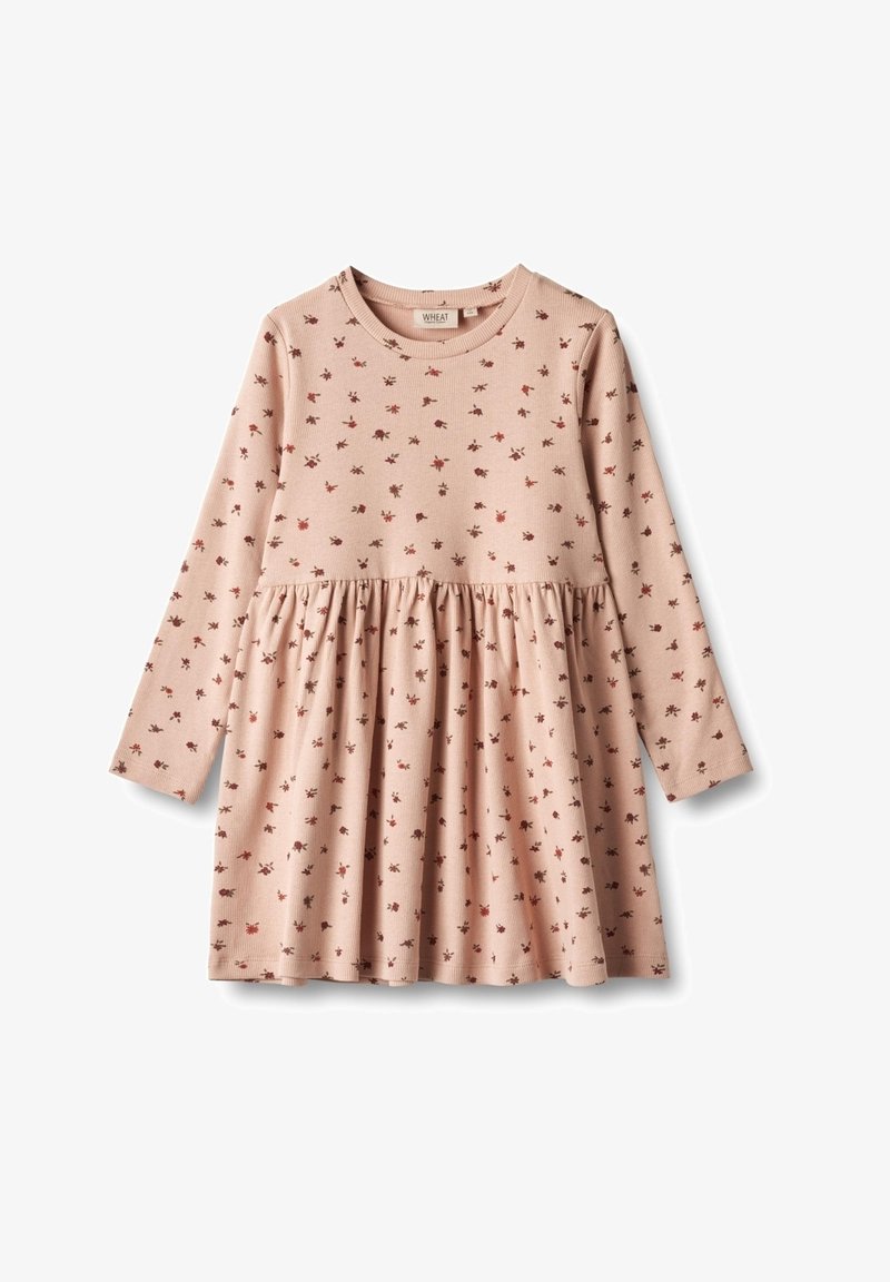 Robe rose pâle à manches longues pour tout-petit avec petit imprimé floral marron et rouge et détail froncé à la taille.