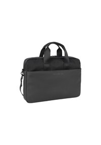 Bolsa de portátil rectangular negra con doble asa, correa de hombro desmontable y compartimentos con cremallera sobre un fondo blanco.