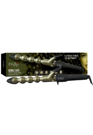 Fer à boucler à bulles noir et or avec un barillet texturé, un écran LED et une poignée ergonomique, présenté aux côtés de l'emballage du produit et du visage partiel d'une femme.