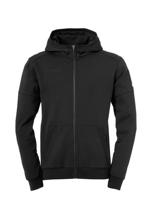 Sort zip-hoodie lavet af blødt stof, med en kontrolleret pasform, sidelommer og hætte. Brandlogoet er præsenteret på brystet.