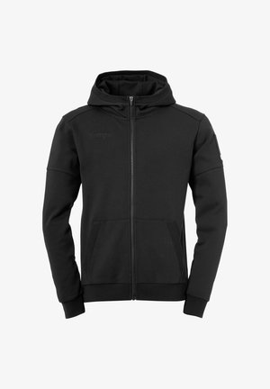 Svart zip-up hoodie tillverkad av mjukt material, med en kontrollerad passform, sidofickor och huva. Varumärkeslogotyp visas på bröstet.