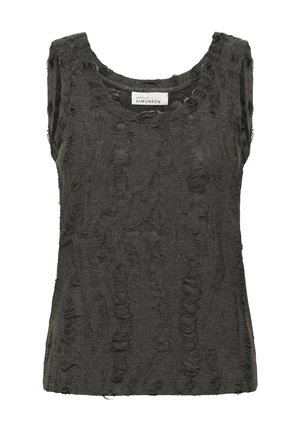 Must mustriga mustertop, millel on ümmargune kaelus ja toorena lõigatud varrukad. Omab kortsude mustrit, mis loob kihilise välimuse.