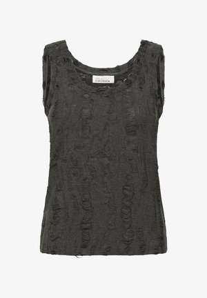 Crni teksturirani top bez rukava s okruglim izrezom i sirovim rubovima rukava. Ima naborani dizajn po cijeloj površini za slojeviti izgled.