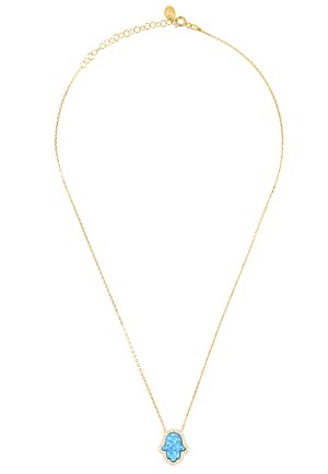 Gold chain necklace featuring a blue hamsa pendant with a textured surface and outlined with small clear stones.