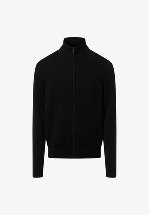 Cardigan nero con zip davanti, colletto alto, polsini e orlo a coste, realizzato in tessuto liscio, caratterizzato da un design minimalista senza decorazioni.