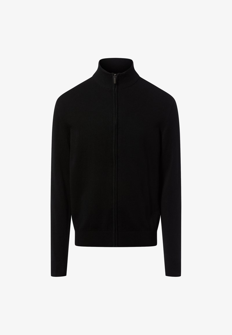 Zwarte cardigan met ritssluiting, hoge hals, geribde manchetten en zoom, gemaakt van gladde stof, met een minimalistisch ontwerp zonder versieringen.