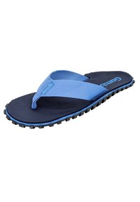 Blue and navy flip-flop with a textured material, featuring a rubber sole with a grip pattern and a canvas strap embellished with a logo.