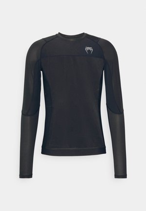Black long-sleeve shirt made of mesh fabric, features a crew neckline, fitted design, and a small logo on the upper left chest area.