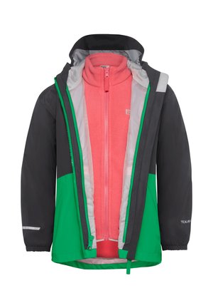 Two-in-one jacket featuring a waterproof outer layer in black and green, with a detachable pink fleece inner, silver accents, and a hood.