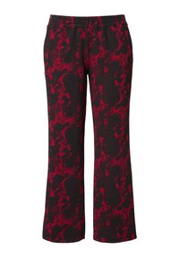 Schwarze Hose mit einem roten abstrakten Muster und leichtem Streifen, weit geschnitten und mit elastischem Bund für hohen Tragekomfort.