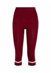 Legginsy capri w kolorze bordowym wykonane z teksturowanej tkaniny, z szerokim pasem i białymi paskami przy krawędzi.