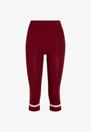 Bordeauxrode capri legging van gestructureerde stof, met een brede tailleband en witte accenten bij de zoom.