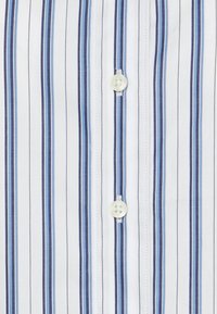 Cotton shirt with vertical blue and white stripes, featuring two white buttons on the front and a smooth, textured fabric.