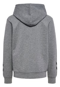 Grijze hoodie met een zachte textuur, voorzien van een voorzak, geribbelde manchetten en zwarte accenten op de mouwen.