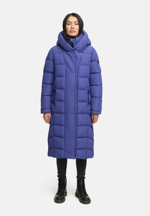 Long purple puffer coat with a high, structured hood and quilted design. Features zippered pockets and a straight silhouette.