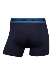 Marineblå boxershorts lavet af bomuld. Har en elastisk waistband med blå branding. Glat overflade, tætsiddende design.