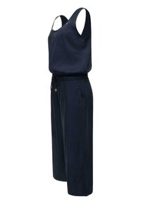 Marine jumpsuit med ermeløs design, elastisk midje og snor. Laget av et glatt stoff, har sidelommer og gullfargede detaljer.