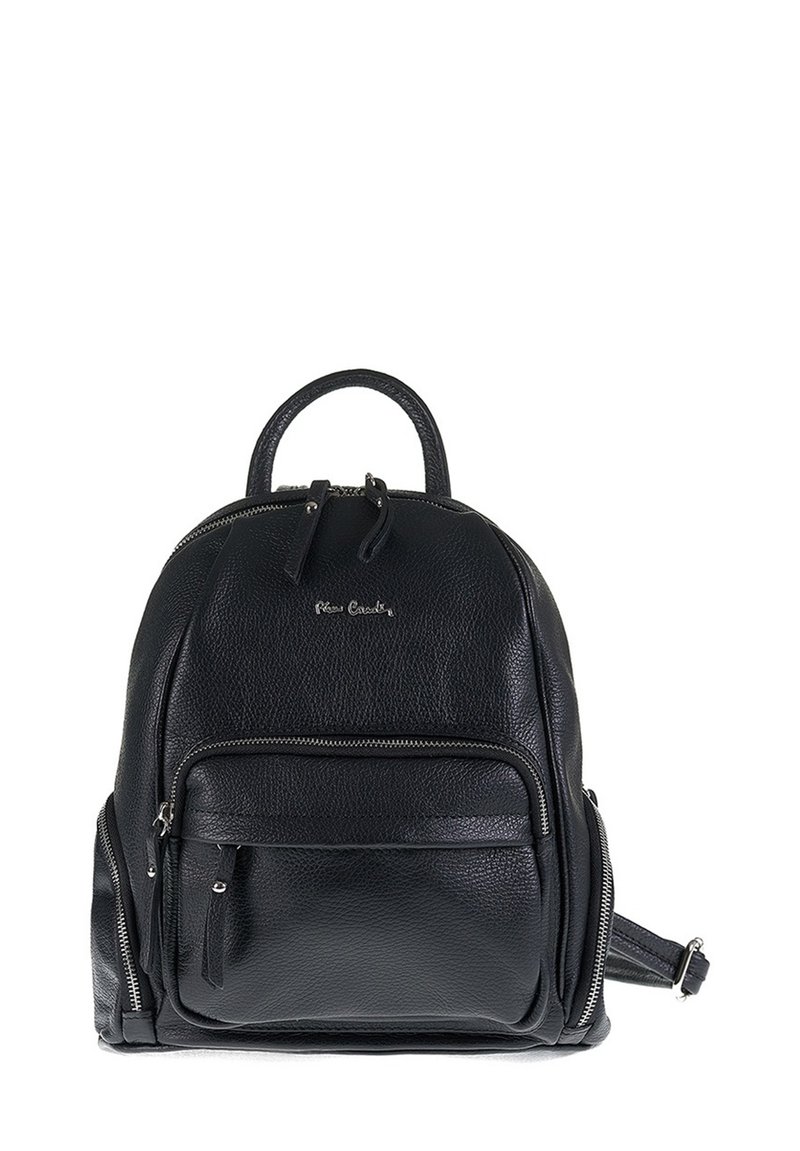 Sac à dos en cuir noir avec une forme arrondie, une poignée supérieure, deux compartiments zippés et une poche frontale avec zip.