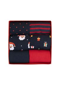Sei paia di calzini di cotone in una scatola rossa. Le caratteristiche includono un motivo di Babbo Natale, pois blu navy, design a strisce, motivi regalo e rosso uniforme.