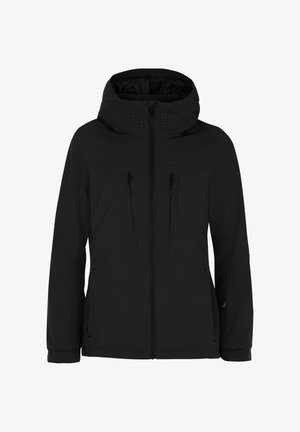 Čierna bunda s predným zipsom, dvoma náprsnými vreckami a veľkou kapucňou s perforovaným detailom. Hladká, odolná tkanina s nastaviteľnými manžetami.