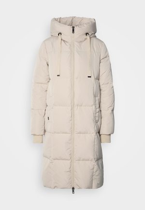 Long, light beige padded coat with a hood, front zipper, drawstring, and ribbed cuff details. Smooth texture with a quilted design.