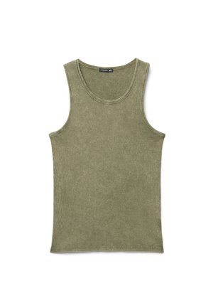 Canottiera senza maniche color oliva in cotone a costine con scollo rotondo, taglia XL, distesa su uno sfondo bianco.