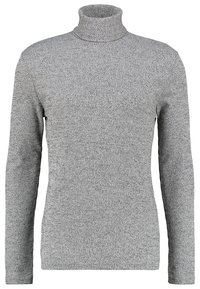 Grauer Rollkragenpullover mit langen Ärmeln, der über eine gerippte Textur und ein enganliegendes Design verfügt. Hergestellt aus dehnbarem Strickmaterial.